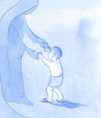 Just as Christ toddled steadily forwards, held by His Mother, so we can walk like simple trusting children, unafraid and hopeful, 2002 by Elizabeth Wang