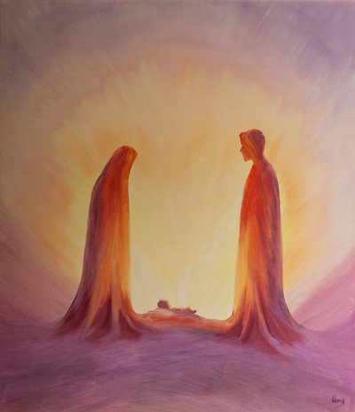 Mary and Joseph Look with Faith on the Child Jesus at His Nativity by Elizabeth Wang