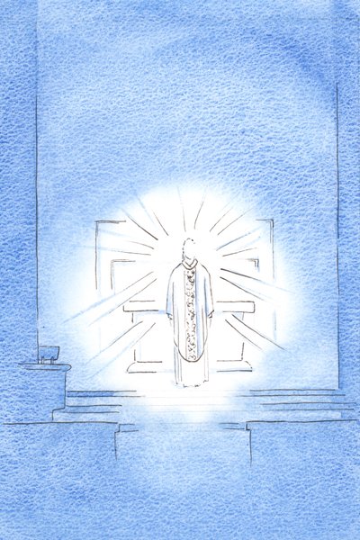 On the feast of the Visitation, Christ appeared, wearing a golden chasuble in honour of His Holy Mother Mary. by Elizabeth Wang