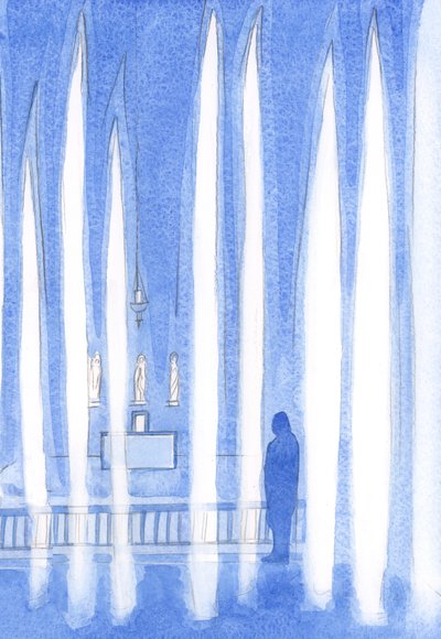 One who goes to pray before Christ in the Blessed Sacrament places herself amongst the Angels who stand in silent adoration by Elizabeth Wang