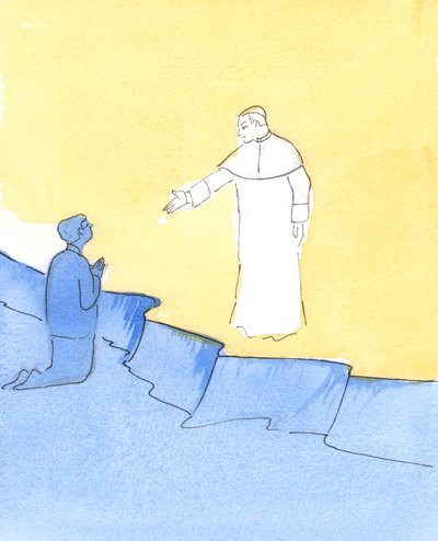 Pope John Paul stands in heaven, stretching out his hand in greeting, as we ask for his help by Elizabeth Wang