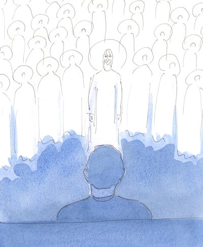 The Saints are all around us, with Christ, as we pray; they delight in the love in our hearts, and in every reverent word and gesture as we honour them, and adore and praise the Three Divine Persons by Elizabeth Wang