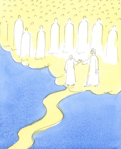 The blessed soul who has persevered to the end, in love of Christ and her neighbour, is led by the hand by Christ, to meet the Heavenly friends who are gathered to welcome her into their company by Elizabeth Wang