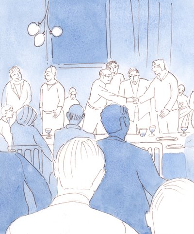 The happy group of friends at the party gave joy to God through their grace before the meal, their faithfulness to marriage and to friendship, their love of God