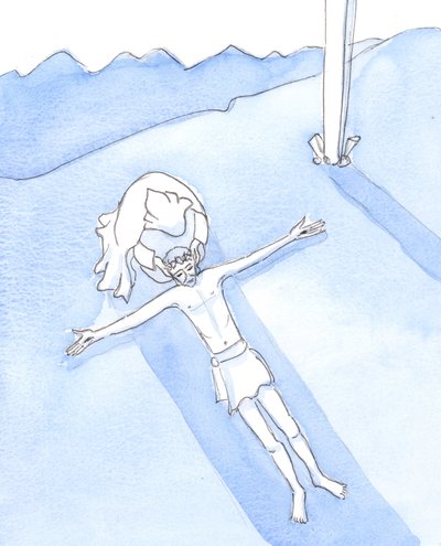 We can see Our Lady kneeling near the foot of the Cross, her son