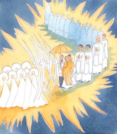 Whenever we honour the Presence of Jesus in the Blessed Sacrament the angels and saints join us in our worship by Elizabeth Wang