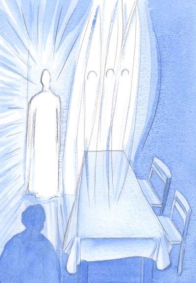 With His Holy Angels, Christ watches admiringly as we pray; He hides His love as he helps us to grow in faith, 2002 by Elizabeth Wang