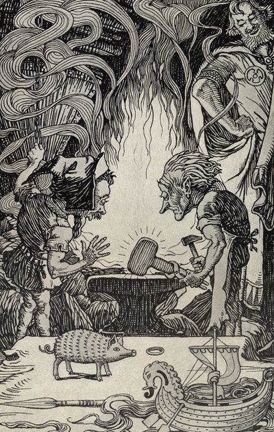 The Third Gift an Enormous Hammer (illustration from Myths from Many Lands, published 1912) by Elmer Boyd Smith