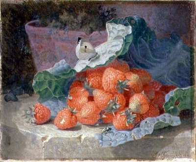 Strawberries in a Cabbage Leaf with a Flower Pot Behind by Eloise Harriet Stannard