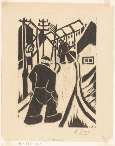 Two Figures in Village Street by Else Berg (signed by artist)