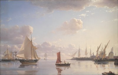 View from Langelinie towards the Royal Naval Dockyards at Nyholm, Copenhagen. Morning Light by Emanuel Larsen