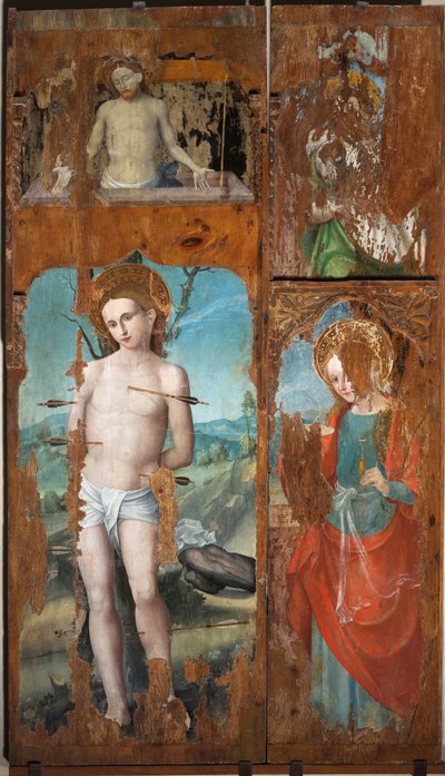 Saint Sebastian, Saint Lucy, Christ rising with the symbols of the Passion by Emanuele Macario