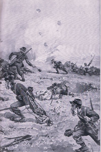 A French Hand Grenade Attack at Les Spanges, from The Illustrated History of the World War 1914-1915 pub. by Union Berlagsefellfchaft by Emil (after) Limmer