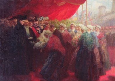 The Bazennes Offering a Silver Fish to Alix of Hesse-Darmstadt, Empress of Russia, in Dunkirk in 1901 by Emil Benediktoff Hirschfeld