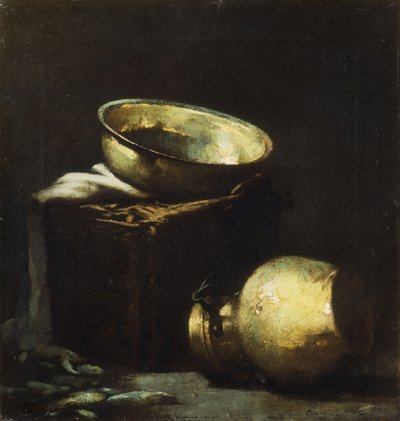 Still Life with Copper Pots and Black Fish by Emil Carlsen