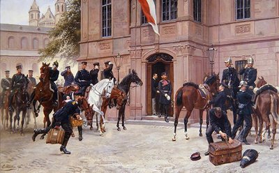 Crown Prince Ludwig IV of Hesse-Darmstadt Bidding Cornelius Heyl Farewell, Before Schlosschen, Worms, as He Departs to the Battle of Sedan in 1870 by Emil Huenten