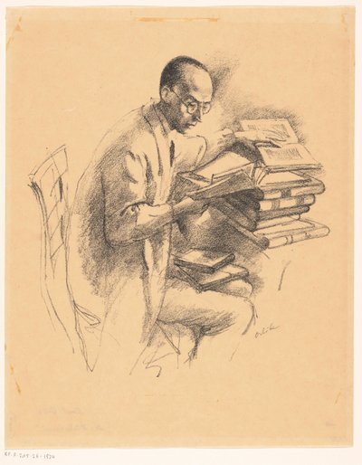 Man Behind a Desk Full of Books by Emil Orlik (signed by artist)