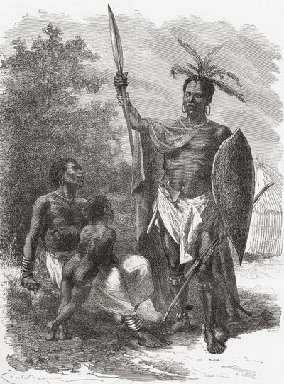 A native of Ougogo, Central Africa, in war dress by Emile Antoine Bayard