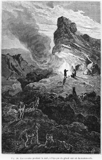 A prehistoric cave at night, illustration from 