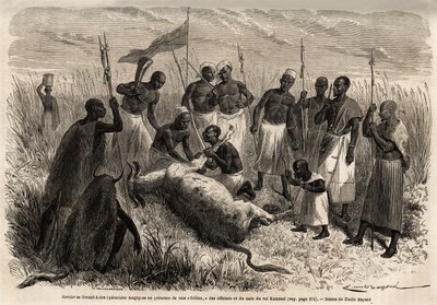A sorcerer engages in magical operations on a slaughtered beef in Uganda, drawing by Emile Bayard, illustrating Captain Speke