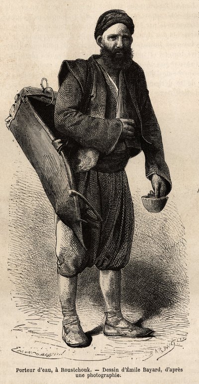 A water carrier, itinerant merchant posing with his equipment, a kind of tank box and a container used as a measure and cup, in Roustchouk (Romania) (engraving after the drawing of Emile Bayard, illustrating the journey to Bulgaria) by Emile Antoine Bayard