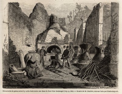 Discovered by a bakery oven and preserved bread in ash during the excavations of 1864 in Pompei, drawing by Emile Bayard, to illustrate Marc Monnier