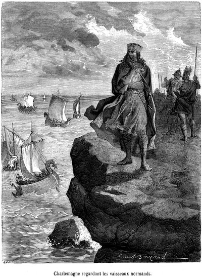 Emperor Charlemagne watching the arrival of Norman ships on the French coast - Viking ships and warriors - drakkar, Scandinavian navigation, Nordic invasion - engraving illustrating “The history of popular France by Henri Martin” by Emile Antoine Bayard