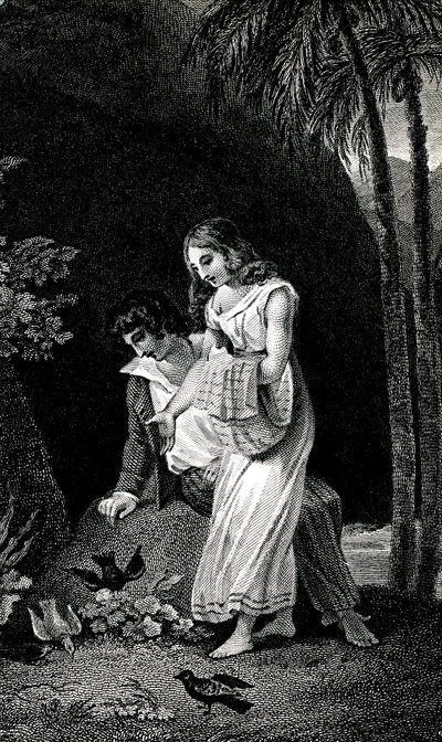 Engraving illustrating a late 19th century edition of the novel by Jacques-Henri Bernardin de Saint Pierre: Paul and Virginie. Birds come to land without fear near the young couple of lovers in the forest by Emile Antoine Bayard