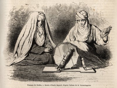 Women of Bukhara (Uzbekistan), working on their work to spun, engraving after a drawing by Emile Bayard, to illustrate Basile Vereschaguine
