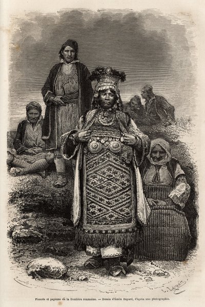 Fiances and peasants of the Romanian frontiers, engraving after the drawing by Emile Bayard, illustrating the journey to Bulgaria, by Guillaume Lejean, in 1867, published in 