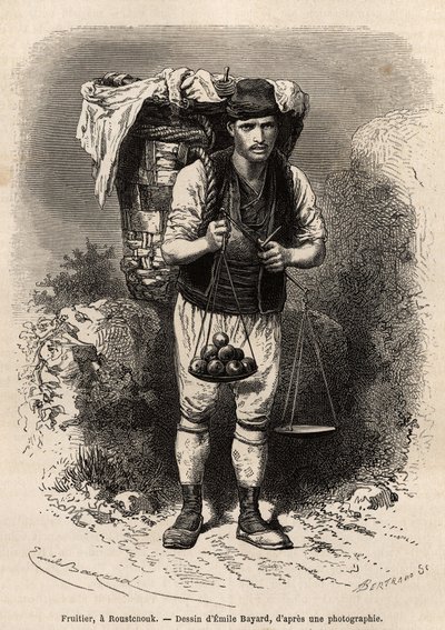 Fruitier, a merchant itinerant of fresh fruit, with his transport hood and portable scale on his back, in Roustchouk (Romania), engraving after the drawing by Emile Bayard, illustrating the journey to Bulgaria, by Guillaume Lejean, in 1867 by Emile Antoine Bayard
