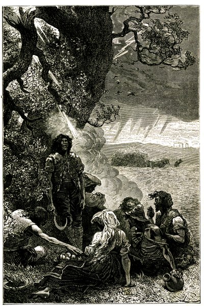 Group of harvesters struck by lightning while sheltering under a tree during a storm by Emile Antoine Bayard