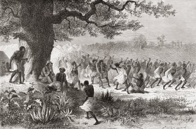 Henry Morton Stanley watching the Vouagogos tribe preparing for battle during his expedition in 1871, illustration from 
