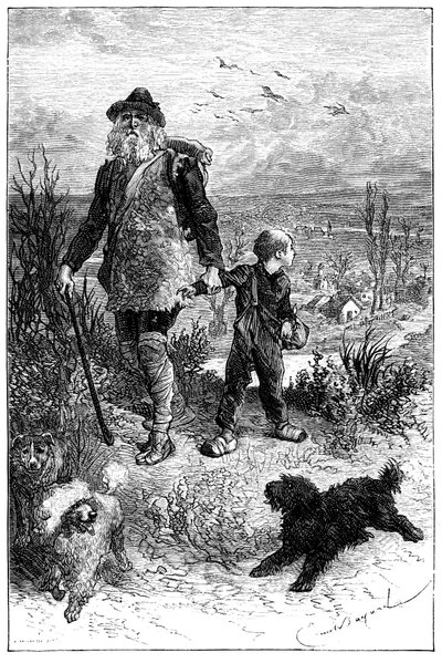 Illustration by Emile Bayard for the novel by Hector Malot “Without Family”: Remi leaves with Monsieur Vitalis, travelling artist and his learned animals the three dogs Capi, Zerbino and Dolce - Edition Hetzel 1880 by Emile Antoine Bayard