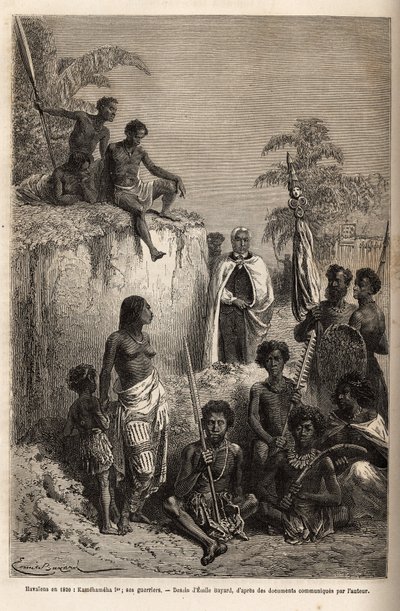 Kamehameha I, king of the Hawaiian Islands and founder of their unity, surrounded by Hawaiian warriors and some subjects in Honolulu, engraving after the drawing of Emile Bayard, illustrating the voyage to the Sandwich Islands, in 1855-69, by C by Emile Antoine Bayard