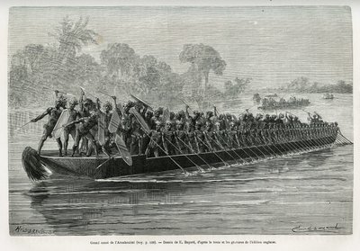 Large canoe of the Arouhouimi on the Livingstone River (Drawing by Emile Bayard) by Emile Antoine Bayard