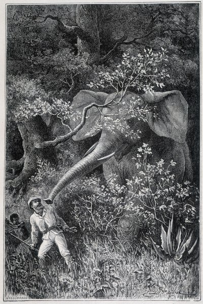 Livingstone surprised by an elephant, in "Le Tour du Monde" by Emile Antoine Bayard