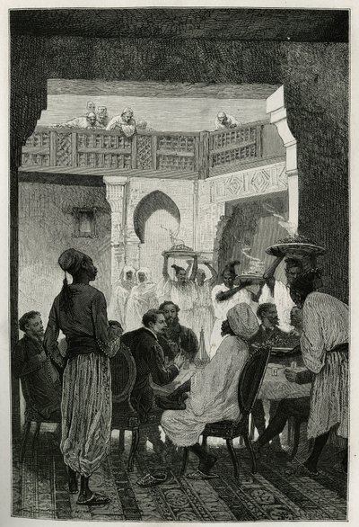 Lunch at the Minister of War, Headdress of a Turban, Facing the Author of the Story, Arriving by the Court, a Row of Servants Carrying the Dishes of the Meal, Engraving by Emile Bayard, to Illustrate the Story of Morocco by Edmondo de Amicis, in 1875, Publ by Emile Antoine Bayard