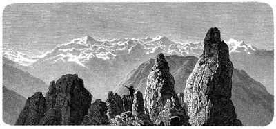 Mountain summit called Pierre a Voir near the baths of Saxon in Valais, Swiss Alps. Illustration by Emile Bayard for Albert Dupaigne