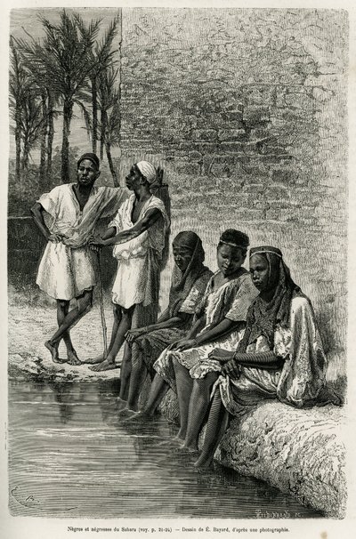 Negres and negresses of the Sahara, on the banks of the Oued Rihr. Engraving by E.Bayard, to illustrate the Algerian Sahara, by V.Largeau, in 1874-1878, published in the Tour du monde, under the direction of Edouard Charton by Emile Antoine Bayard