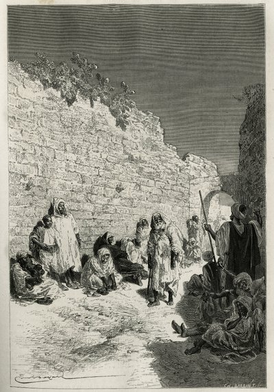 Pending the audience of the sultan, a group of people in the streets of Fes (Engraving by Emile Bayard) by Emile Antoine Bayard