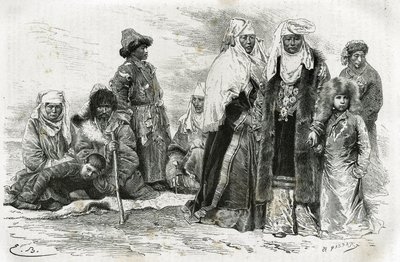 Poor and rich Kyrgyz women. Engraving by Emile Bayard, to illustrate travel impressions from Orenburg to Samarkand, by Marie de Ujfalvy-Bourdon, between 1876 and 1878, in the Tour du monde, directed by Edouard Charton by Emile Antoine Bayard