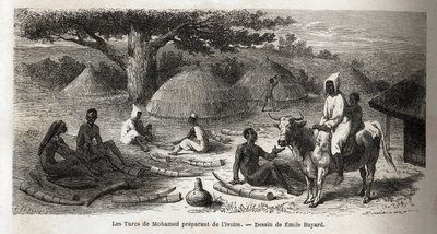 Preparation of ivory, for a Turkish trader, Uganda, drawing by Emile Bayard (1837-1891), illustrating Captain Speke