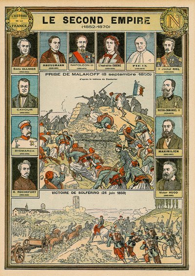 Second Empire 1852 to 1870 - capture of Malakoff 8 September 1855 - victory of Solferino 24 June 1859 - Emile Ollivier, Baron Haussmann, Napoleon III, Imperator Eugenia, Pope Pius IX, Marshal Niel, Victor Emmanuel II of Italy. by Emile Antoine Bayard