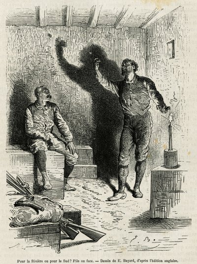Sir Henri Morton Stanley (1841-1904) and Franck Pock, his exploration companion, decide a pile or face of the itinerary of their journey, drawing by Emile Bayard, to illustrate the story Through the Mysterious Continent (Equatorial Africa), a voyage by Emile Antoine Bayard