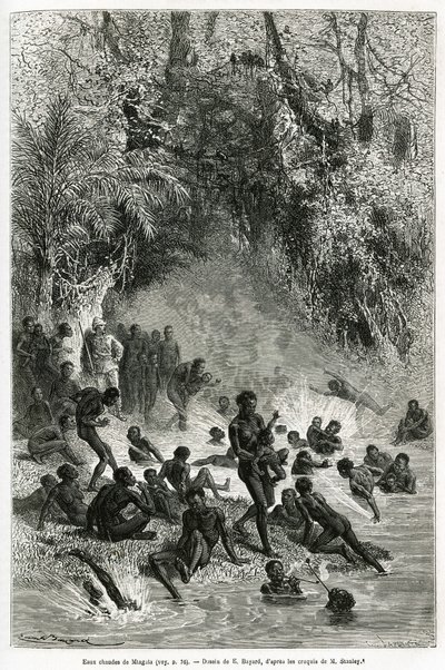 Sir Henri Morton Stanley (1841-1904) in the midst of the bathers of the Karagoue region (Cameroon), who plunge into the hot and medical water basin of the Mtagata gorge, drawing by Emile Bayard, to illustrate the story Through the Mysterious Continent, a by Emile Antoine Bayard