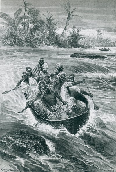 Stanley overcomes the rapids on the Congo River by Emile Antoine Bayard