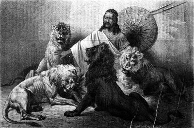 The Emperor (Ras) Theodoros of Abyssinia Surrounded by His Lions. Engraving from the Mid-19th Century. Illustration by Emile Bayard by Emile Antoine Bayard