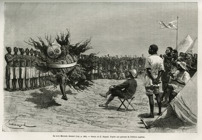 The Sova Mavanda (king), surrounded by his men who psalmodize a monotonous song, dancing in front of the major. Engraving by Emile Bayard, to illustrate the story how I
