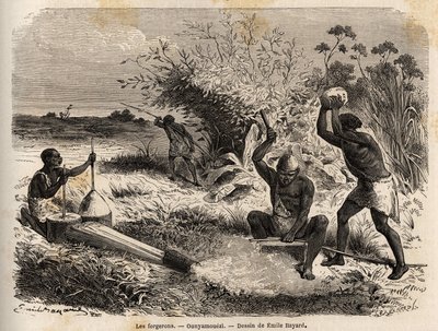 The blacksmiths, in the Ounyamouezi (Great Lakes region, Africa), drawing by Emile Bayard, illustrating the voyage of discovery in Africa, from 1860 to 1863 of Captain Speke. Engraving in Le tour du monde by Emile Antoine Bayard